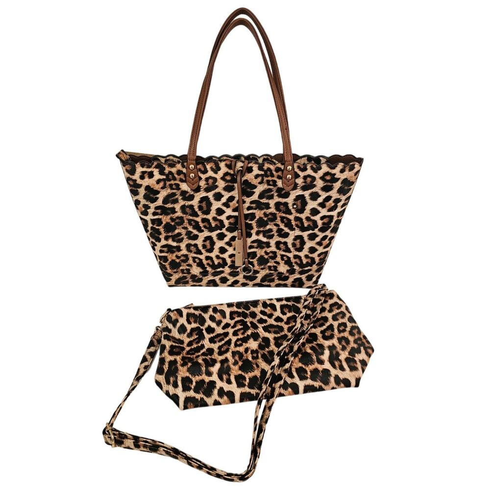NEW Leopard Print Scalloped Tote & Crossbody Purse Set Brown Gold Animal Print